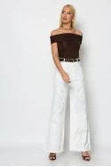 Jean wide leg με πέρλες και στρας λευκό
