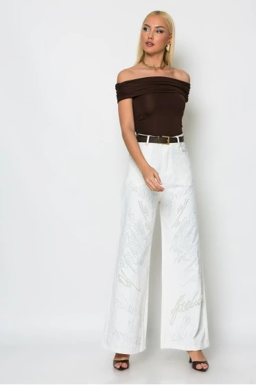 Jean wide leg με πέρλες και στρας ροζ