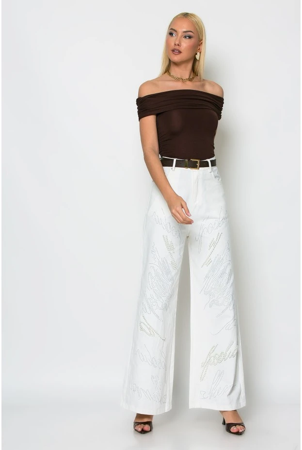 Jean wide leg με πέρλες και στρας λευκό