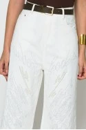 Jean wide leg με πέρλες και στρας λευκό