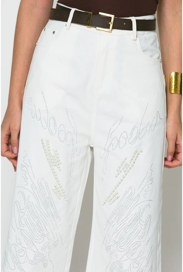 Jean wide leg με πέρλες και στρας λευκό