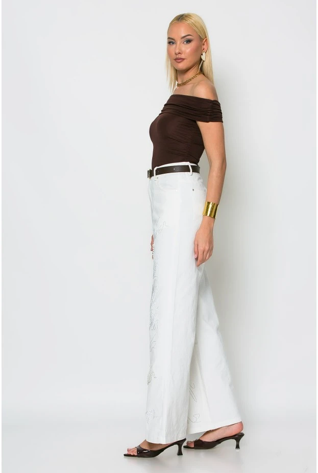Jean wide leg με πέρλες και στρας λευκό