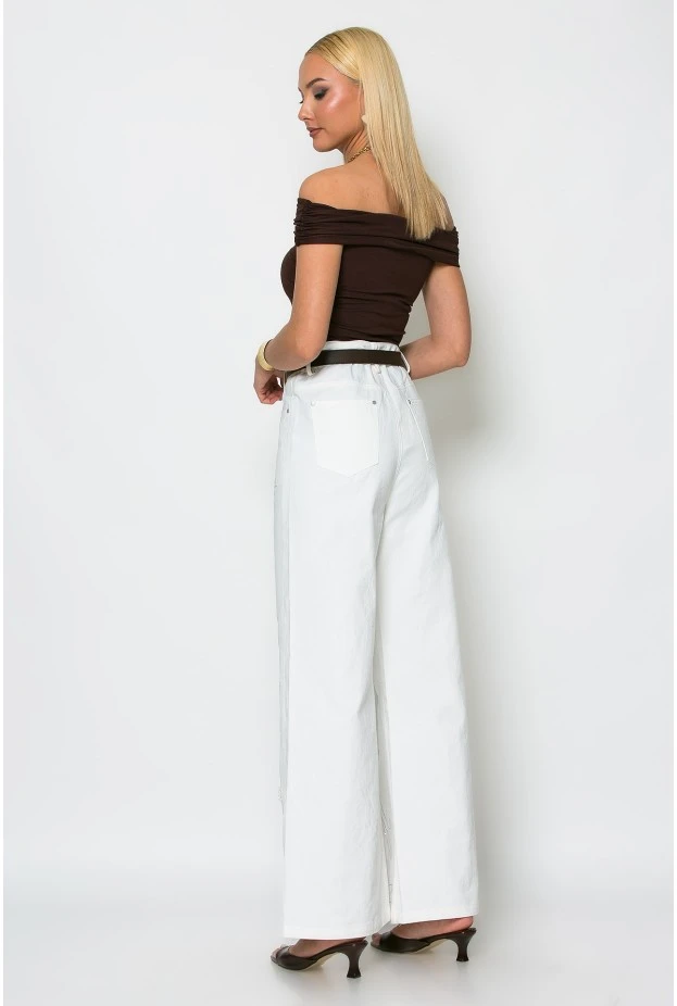 Jean wide leg με πέρλες και στρας λευκό