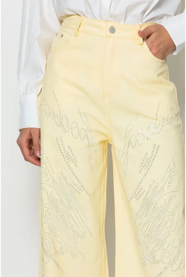 Jean wide leg με πέρλες και στρας κίτρινο