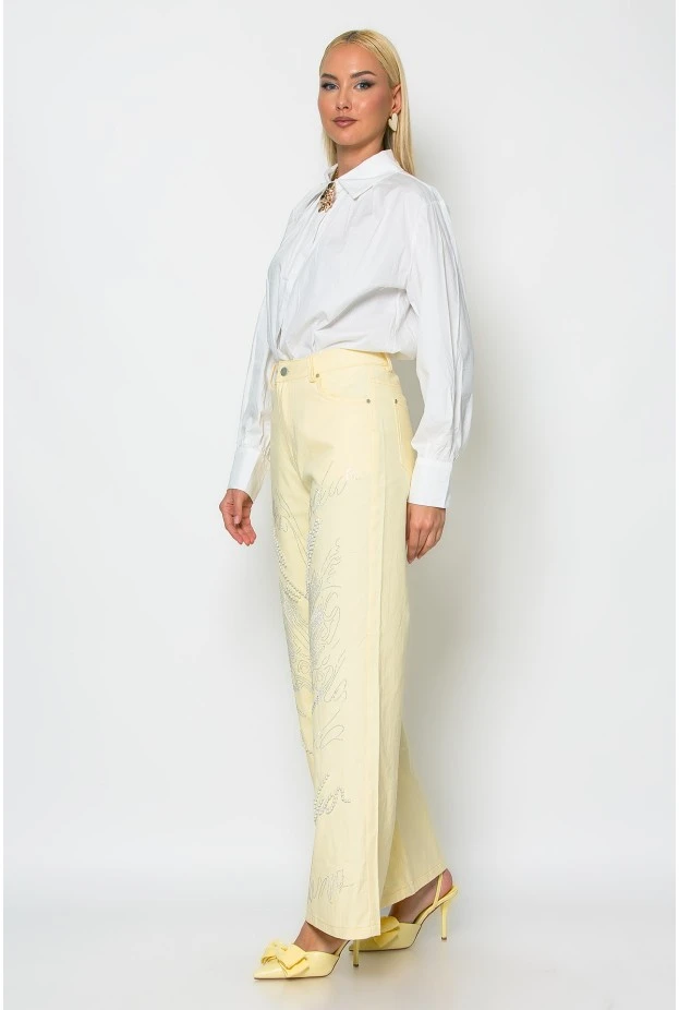 Jean wide leg με πέρλες και στρας κίτρινο