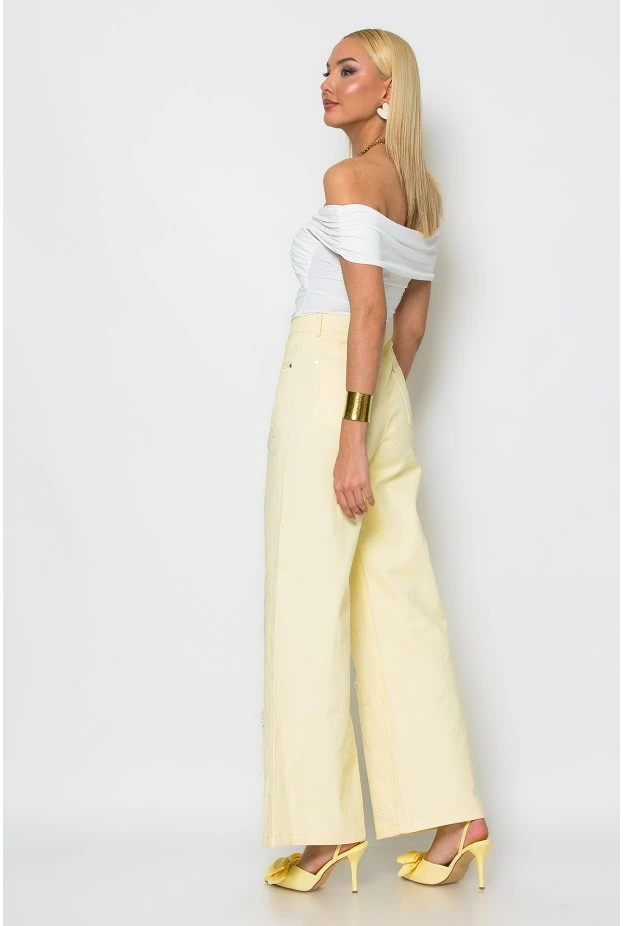 Jean wide leg με πέρλες και στρας κίτρινο