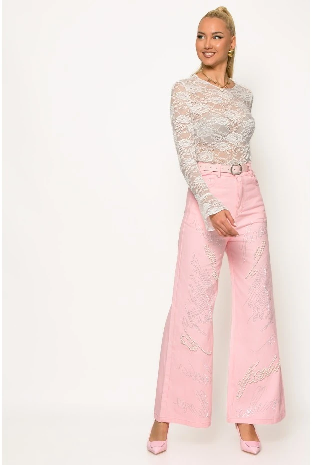 Jean wide leg με πέρλες και στρας ροζ