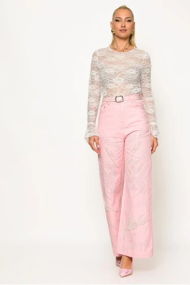 Jean wide leg με πέρλες και στρας ροζ