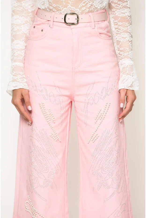 Jean wide leg με πέρλες και στρας ροζ
