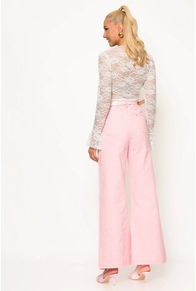 Jean wide leg με πέρλες και στρας ροζ