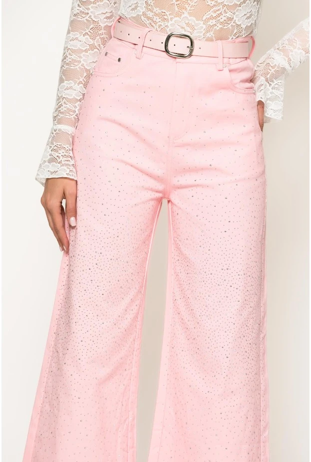 Jean wide leg me strass ροζ