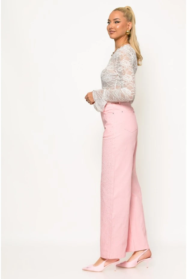 Jean wide leg me strass ροζ