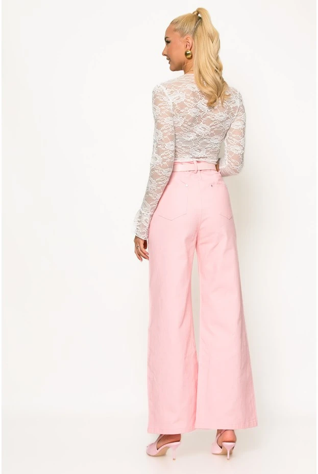 Jean wide leg me strass ροζ