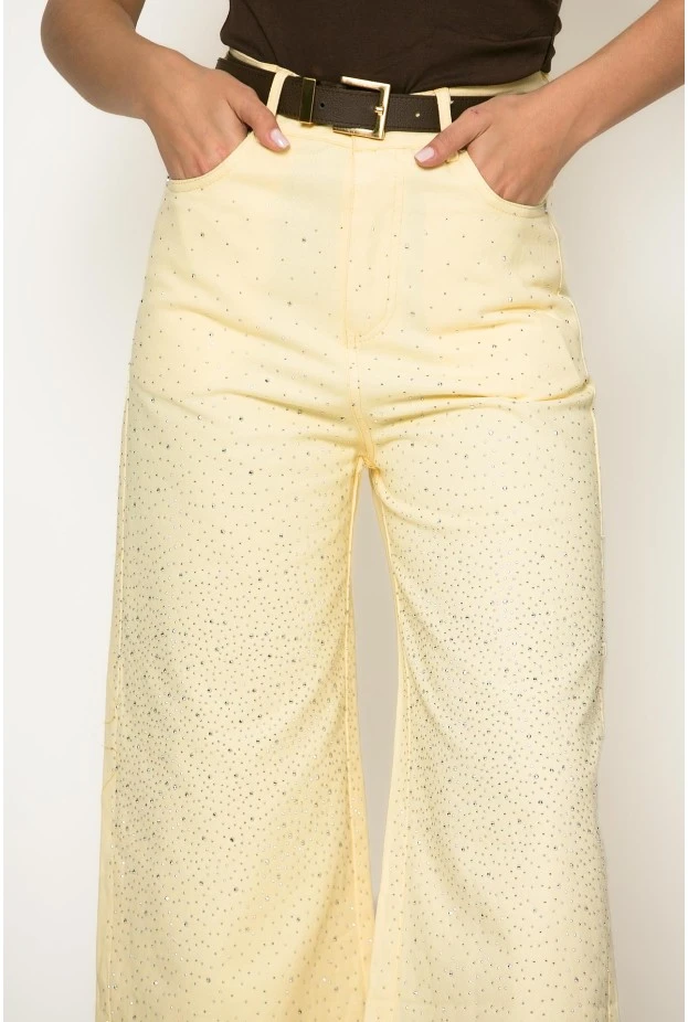 Jean wide leg me strass κίτρινο