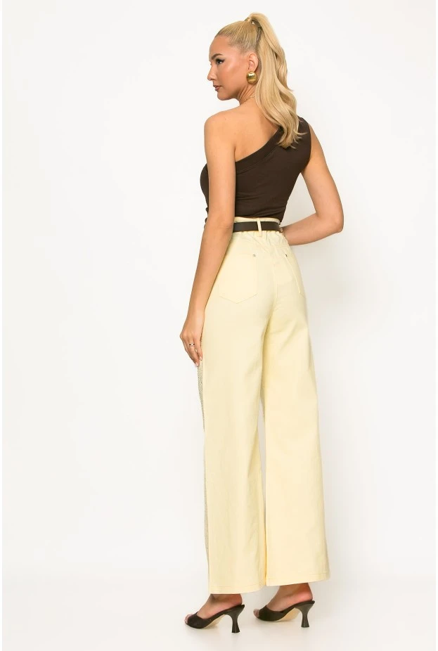 Jean wide leg me strass κίτρινο