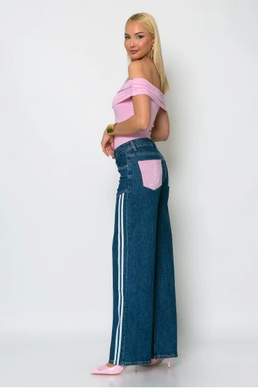 Jean wide leg με ρίγες και τσέπες με στρας πίσω μπλε