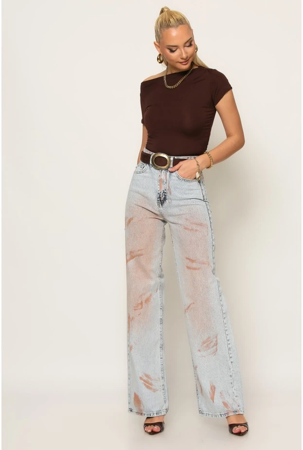Jean wide leg με ξέβαμα μπλε