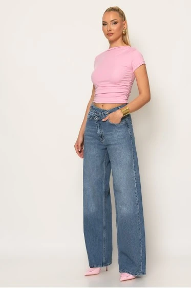 Jean wide leg με ασύμμετρο κούμπωμα μπλε