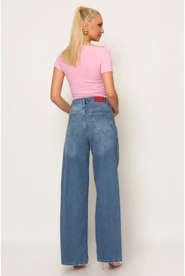 Jean wide leg με ασύμμετρο κούμπωμα μπλε