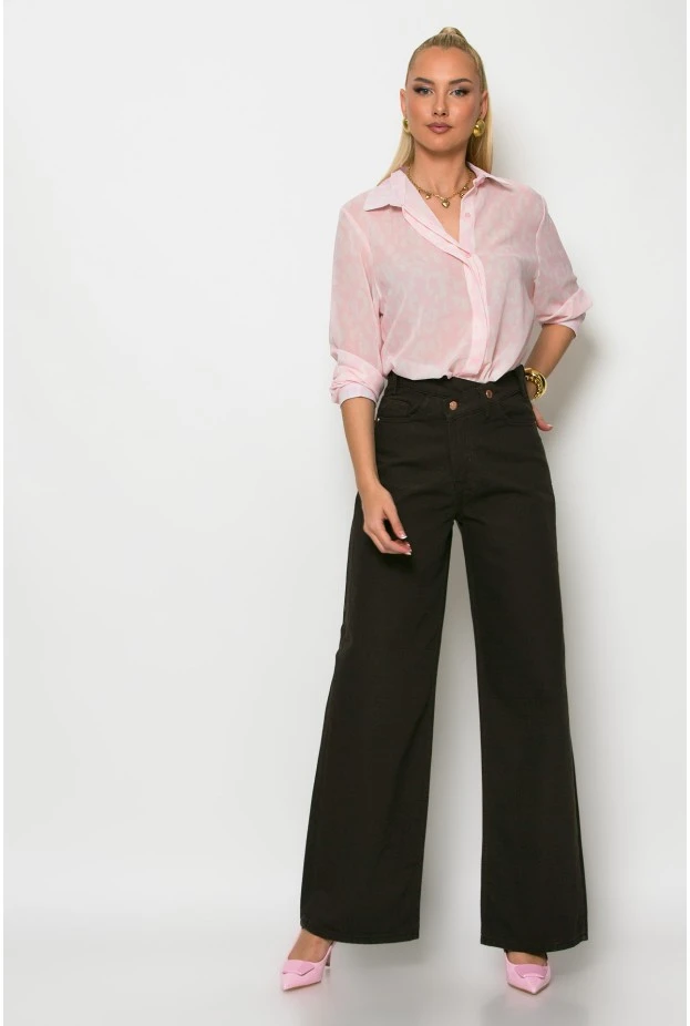 Jean wide leg με ασύμμετρο κούμπωμα καφέ
