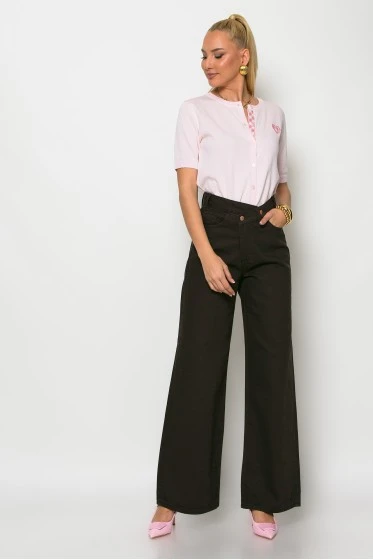 Jean wide leg με ασύμμετρο κούμπωμα καφέ
