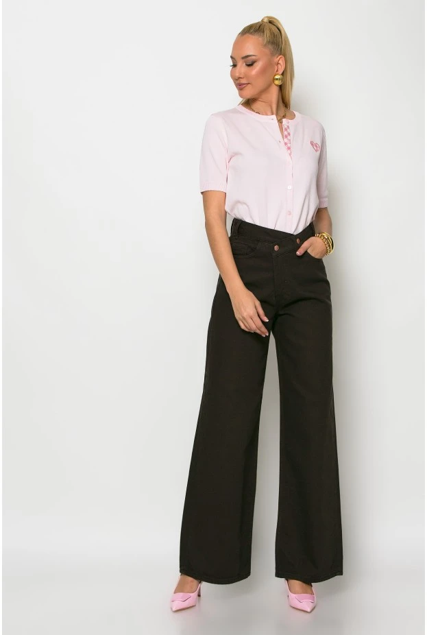 Jean wide leg με ασύμμετρο κούμπωμα καφέ