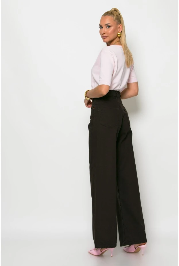 Jean wide leg με ασύμμετρο κούμπωμα καφέ