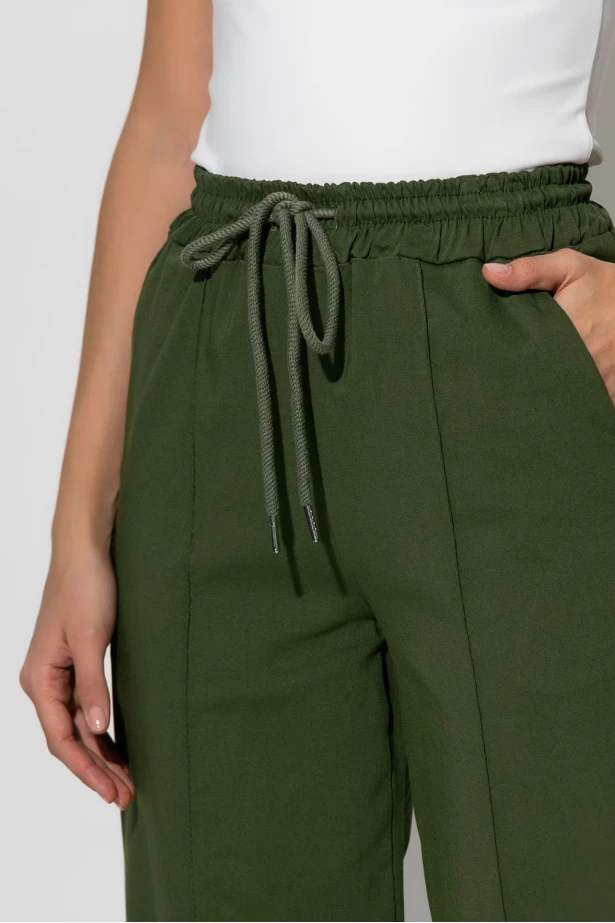 Cropped παντελόνι με κορδόνι στην μέση χακί