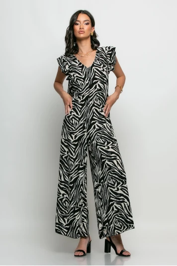 Ολόσωμη φόρμα με βολάν στα μανίκια animal print zebra μαύρο