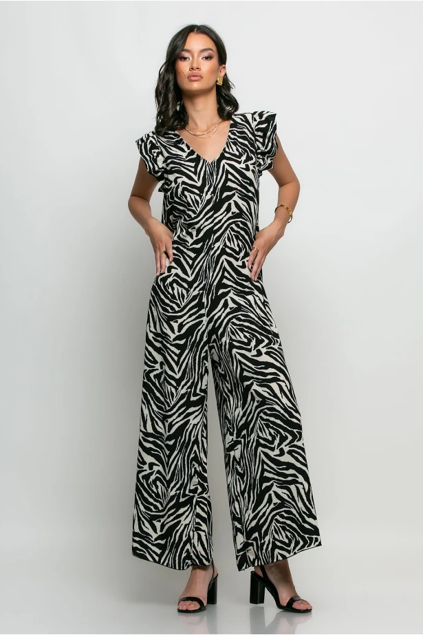 Ολόσωμη φόρμα με βολάν στα μανίκια animal print zebra μαύρο