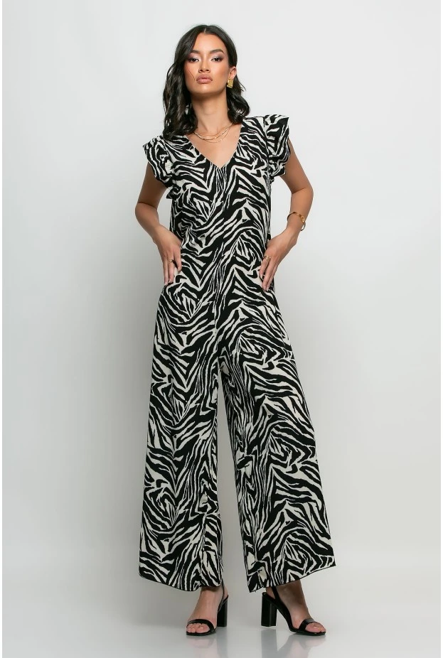 Ολόσωμη φόρμα με βολάν στα μανίκια animal print zebra μαύρο