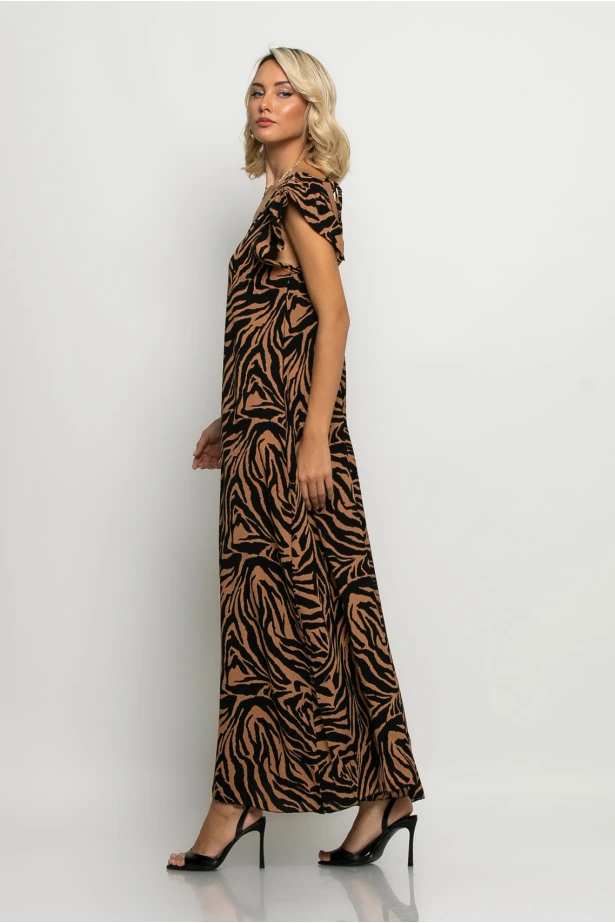 Ολόσωμη φόρμα με βολάν στα μανίκια animal print zebra καφέ Ολόσωμη φόρμα με βολάν στα μανίκια animal print zebra καφέ