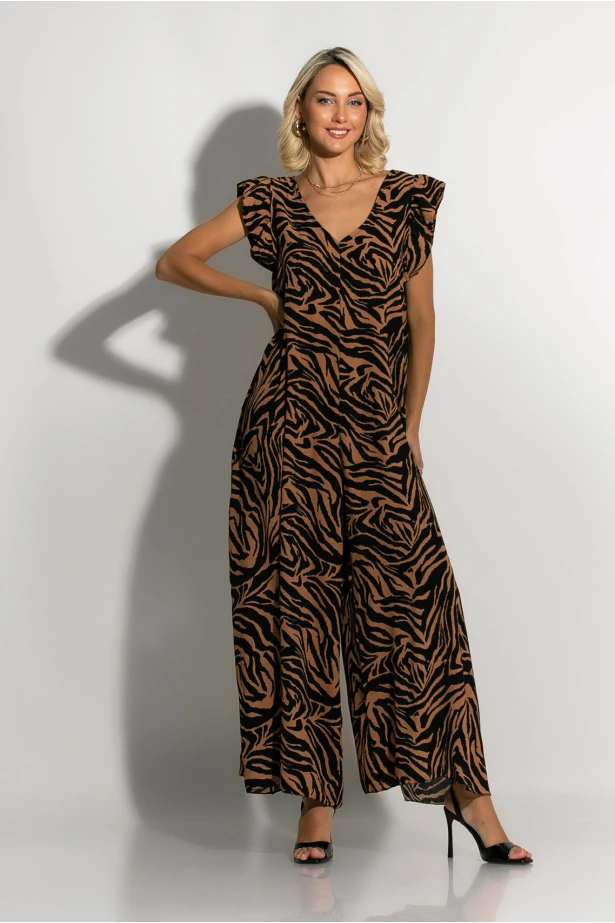 Ολόσωμη φόρμα με βολάν στα μανίκια animal print zebra καφέ Ολόσωμη φόρμα με βολάν στα μανίκια animal print zebra καφέ