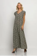 Ολόσωμη φόρμα με βολάν στα μανίκια geometric print εκρού