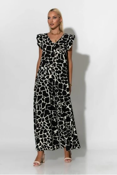 Ολόσωμη φόρμα με βολάν στα μανίκια giraffe print μαύρο