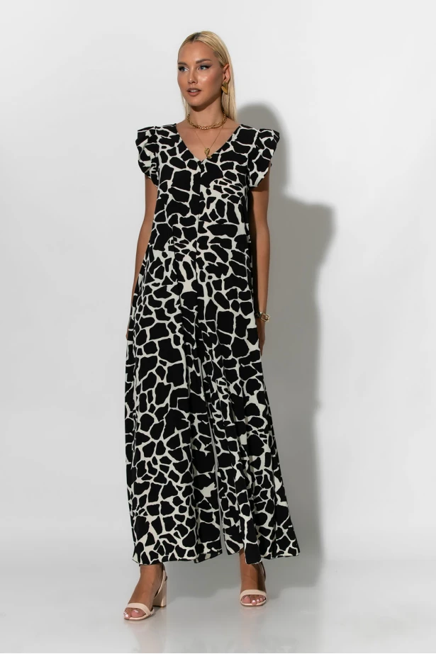 Ολόσωμη φόρμα με βολάν στα μανίκια giraffe print μαύρο Ολόσωμη φόρμα με βολάν στα μανίκια giraffe print μαύρο