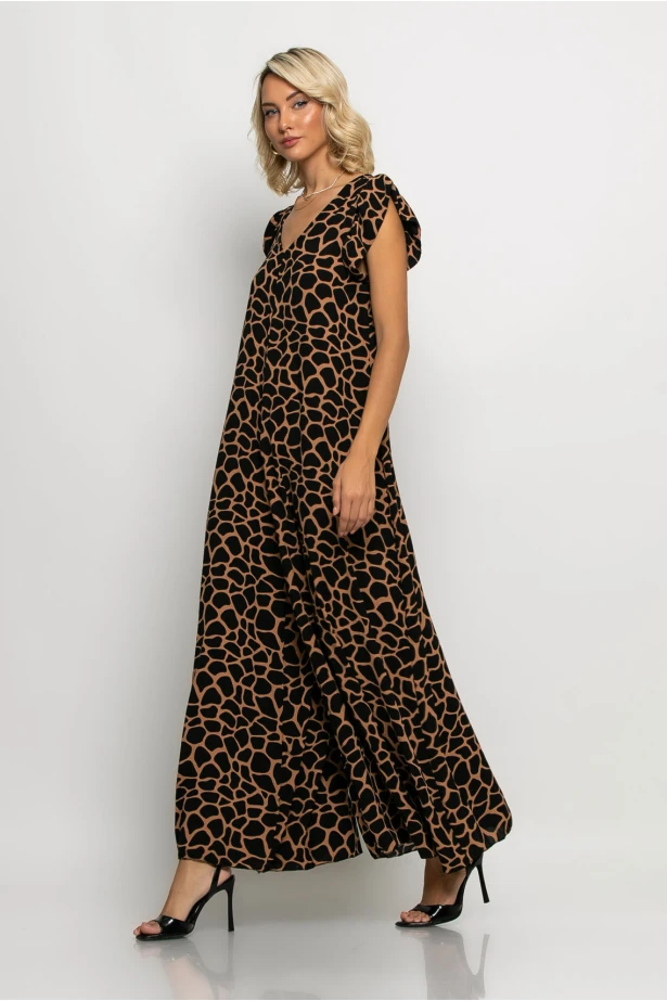 Ολόσωμη φόρμα με βολάν στα μανίκια giraffe print καφέ Ολόσωμη φόρμα με βολάν στα μανίκια giraffe print καφέ