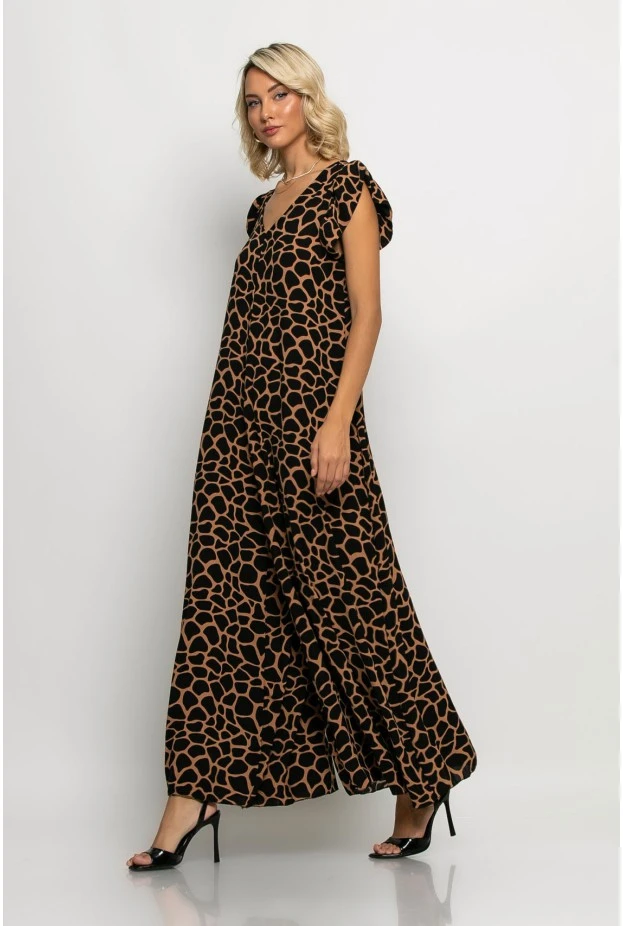 Ολόσωμη φόρμα με βολάν στα μανίκια giraffe print καφέ