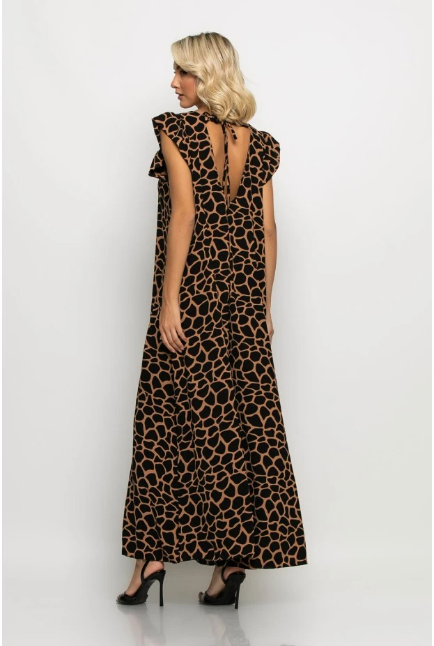 Ολόσωμη φόρμα με βολάν στα μανίκια giraffe print καφέ