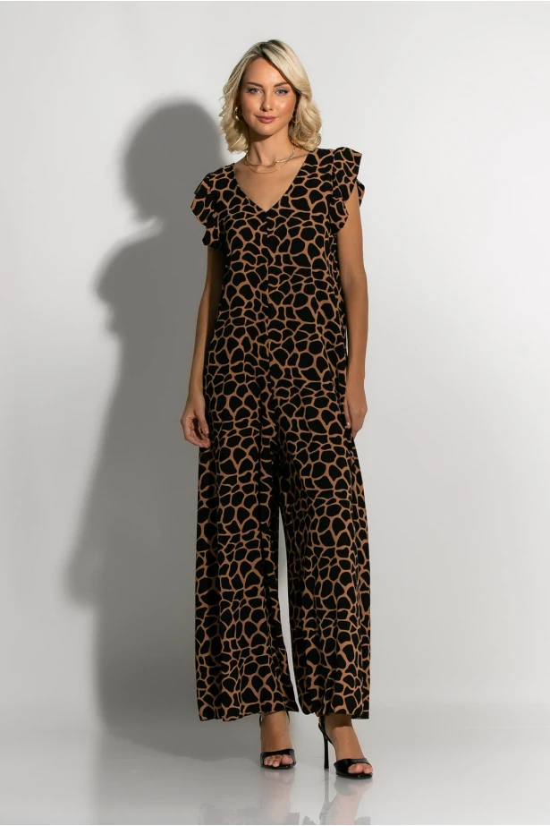 Ολόσωμη φόρμα με βολάν στα μανίκια giraffe print καφέ Ολόσωμη φόρμα με βολάν στα μανίκια giraffe print καφέ