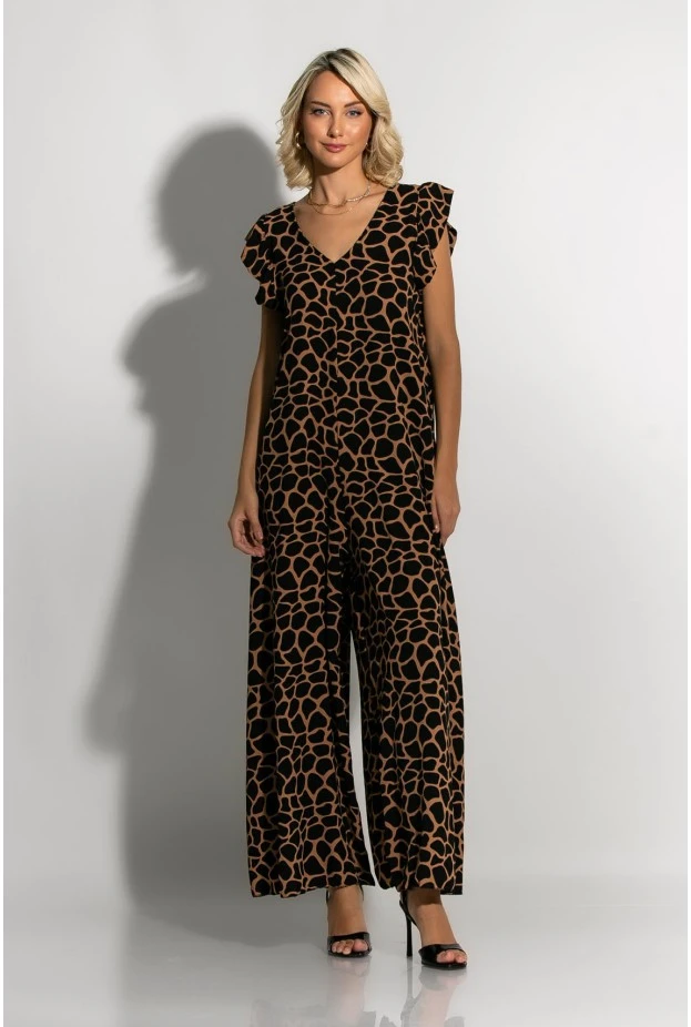Ολόσωμη φόρμα με βολάν στα μανίκια giraffe print καφέ