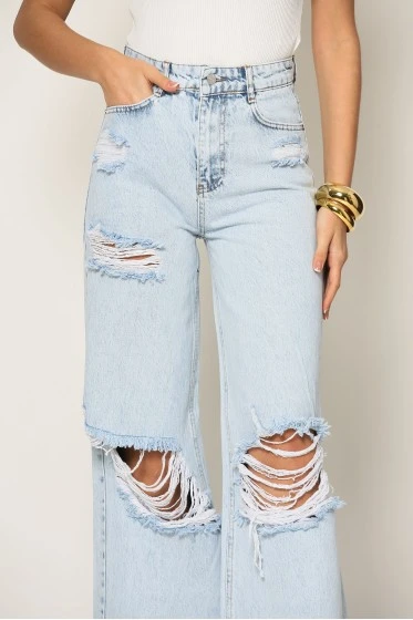 Jean wide leg με φθορές μπλε ανοιχτό