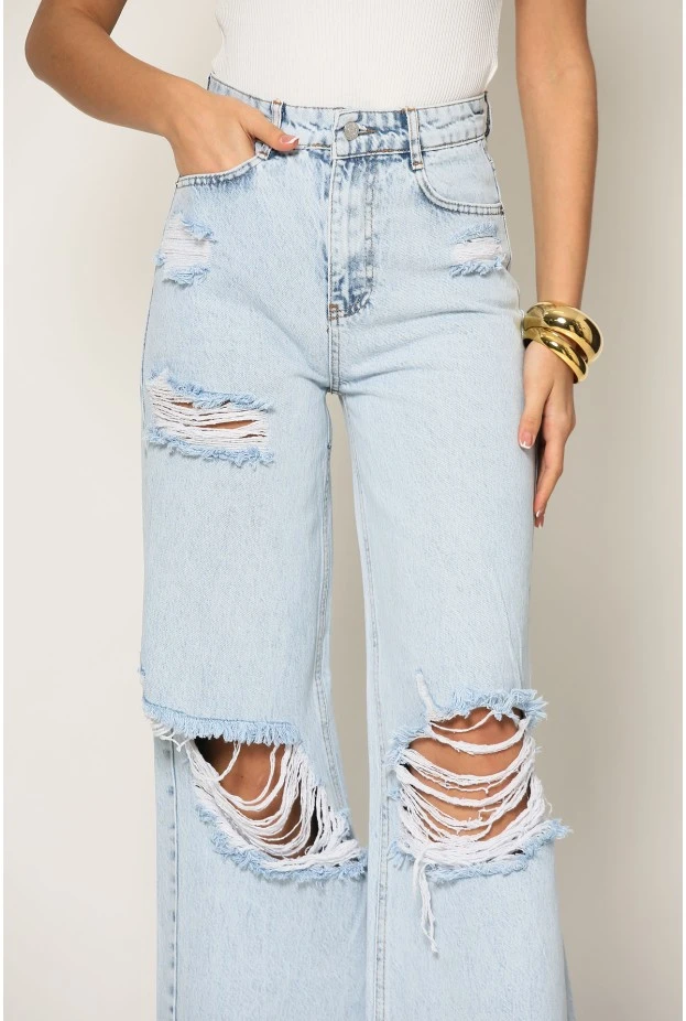 Jean wide leg με φθορές μπλε ανοιχτό