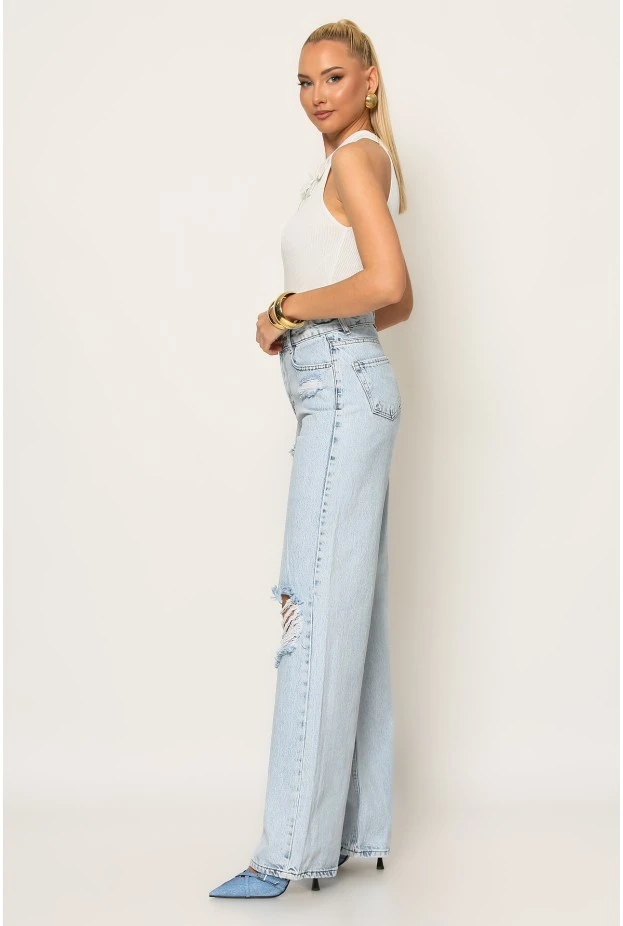 Jean wide leg με φθορές μπλε ανοιχτό