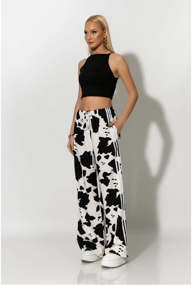 Παντελόνα cow print με ρίγες στο πλάι μαύρο