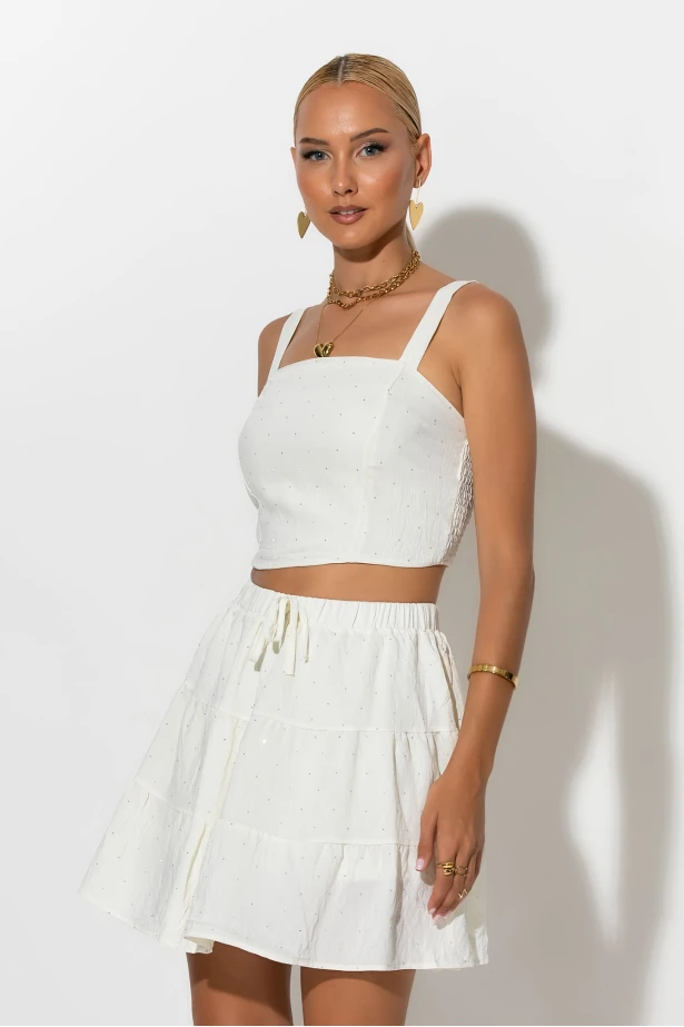 Σετ τύπου λινό crop top και φούστα - σορτς με στρας λευκό