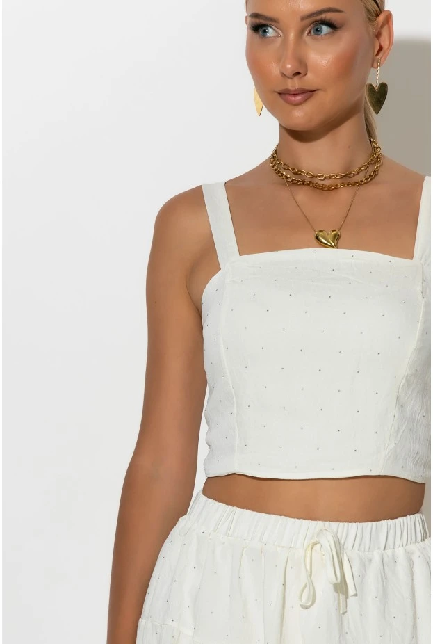 Σετ τύπου λινό crop top και φούστα - σορτς με στρας λευκό