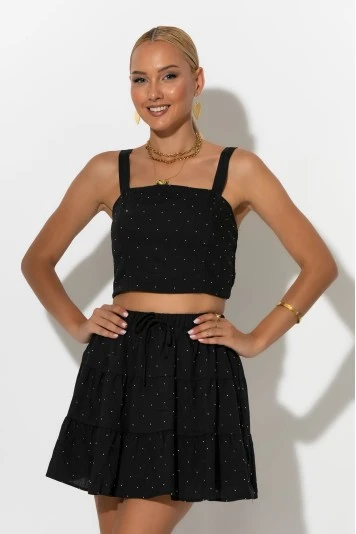 Σετ τύπου λινό crop top και φούστα - σορτς με στρας μπεζ