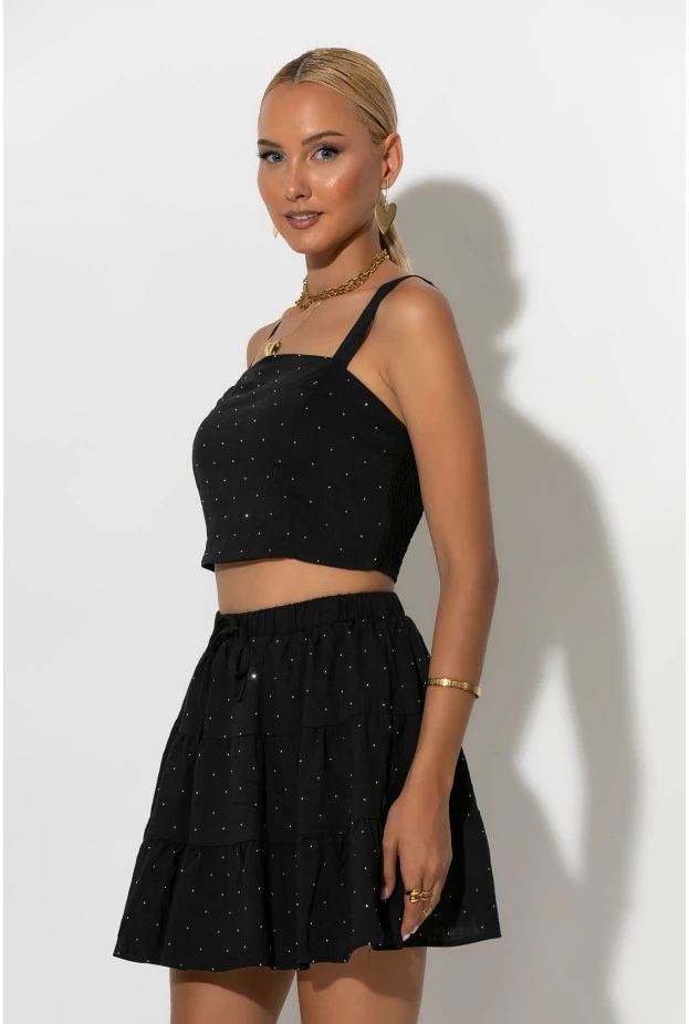 Σετ τύπου λινό crop top και φούστα - σορτς με στρας μαύρο