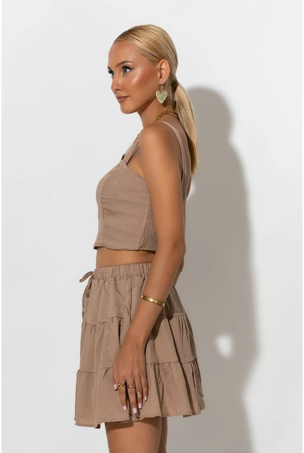 Σετ τύπου λινό crop top και φούστα - σορτς με στρας ταμπά